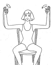 Kolunuzda şişmeyi /ödemi önlemek için: * Kolunuz üst kol omuz hizasında düz,ön kolunuz üst kola dik olacak şekilde sandalyeye oturun. Ellerinizi kapatın (yumruk yapın) ve açın. 3-4 kez tekrarlayın. Kollarınızı aşağıya indirin, gevşeyin ve hareketi tekrarlayın (Egz:9)